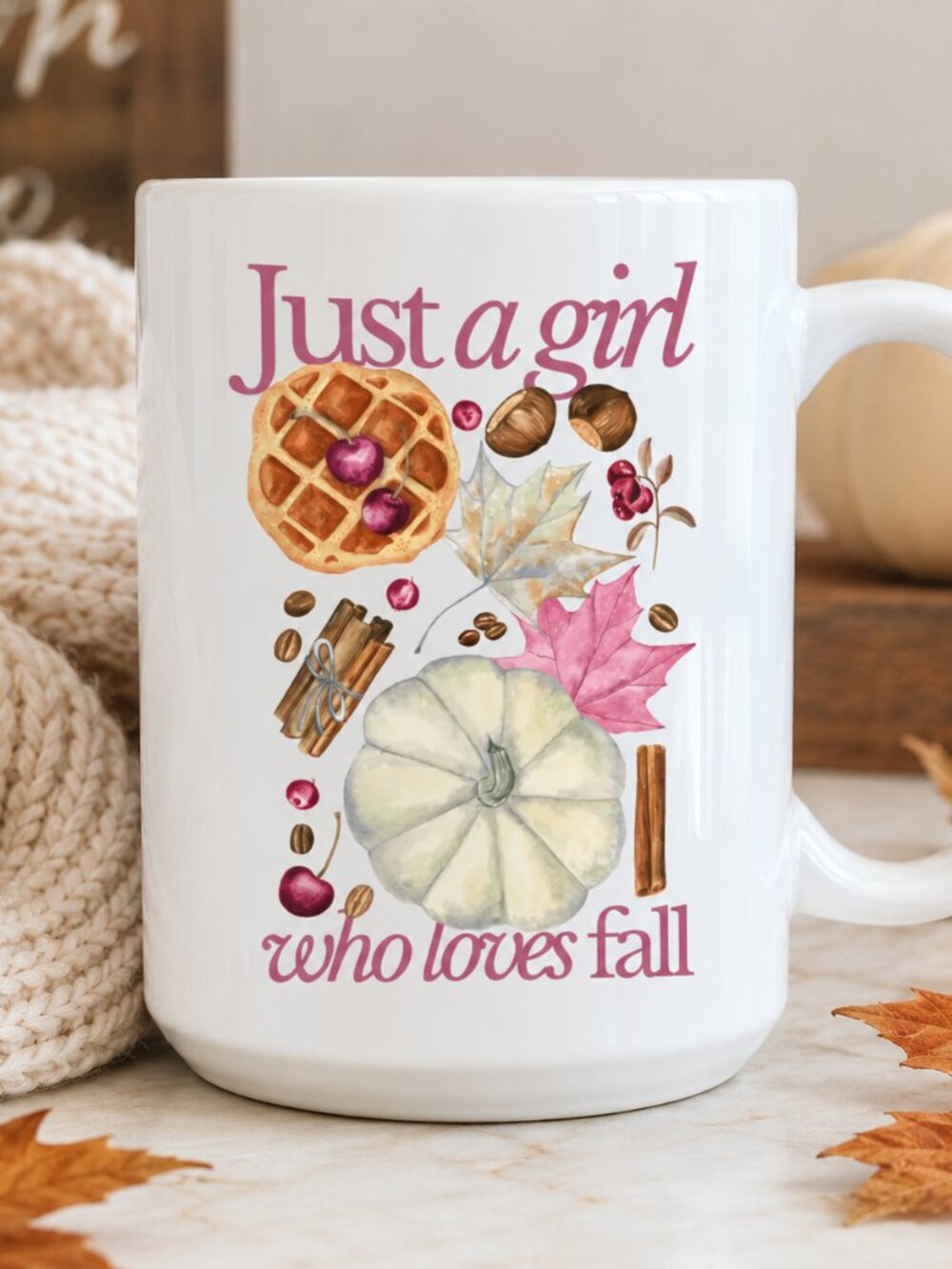 “Just a Girl Who Loves Fall” 15oz Ceramic Mug | Autumn Coffee Cup